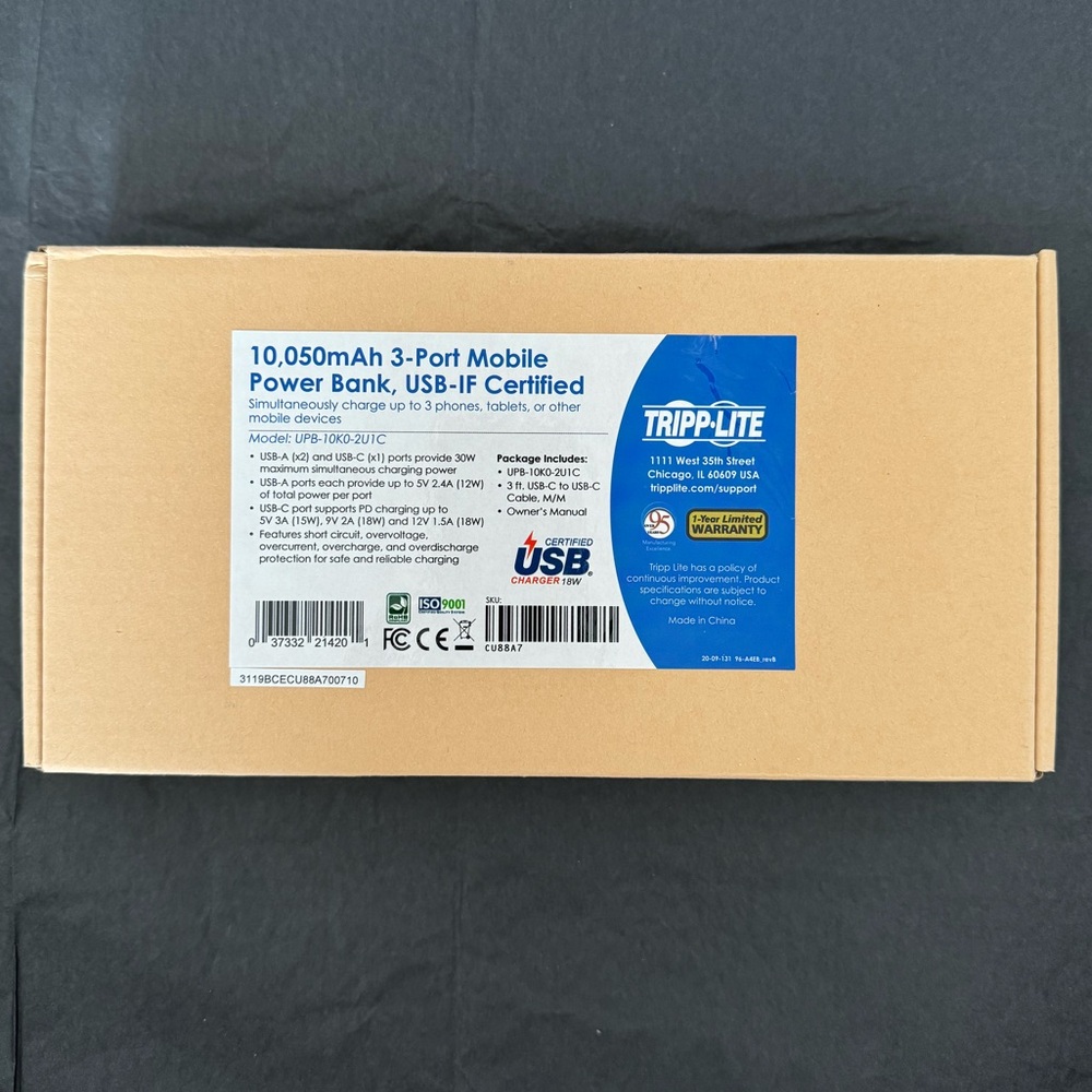Tripp Lite 10,050mAh, 3 PORT MOBILE POWER BANk, UPB-IF Certified, brand new